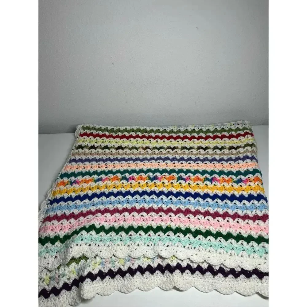 Vintage Crochet Afgan Blanket Zip Zag Multi Color